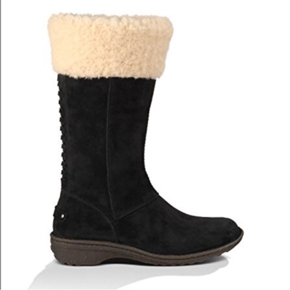 UGG Australia Karyn Black Cuff Sheepskin Fur Mid-Calf Boots Size 6 - Picture 1 of 15